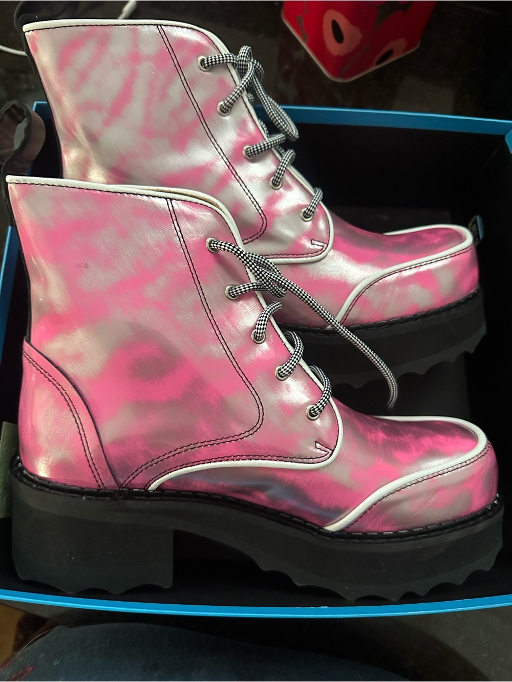 Fluevog NIB with tiny imperfection. Pink Women's Lace-Up Platform Boots